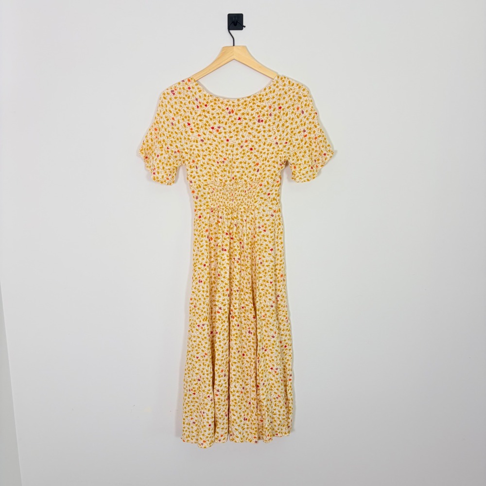 Free People In Full Bloom Midi Dress Ivory Floral V-Neck Smocked Waist XS - Picture 5 of 9